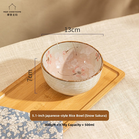 Hand-Painted Japanese Style Rice Bowls Set – 5.1 Inch Microwave & Dishwasher Safe Ceramic Tableware, Eco-Friendly Underglaze Floral Design (Blue Sakura, Falling Blossoms, Mini Cherry, Ten Grass)