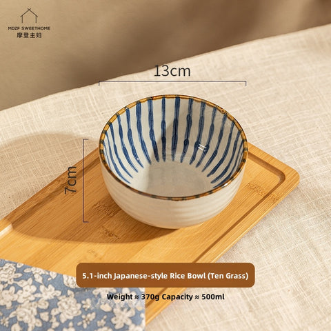 Hand-Painted Japanese Style Rice Bowls Set – 5.1 Inch Microwave & Dishwasher Safe Ceramic Tableware, Eco-Friendly Underglaze Floral Design (Blue Sakura, Falling Blossoms, Mini Cherry, Ten Grass)