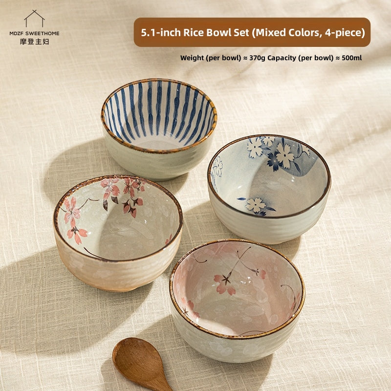 Hand-Painted Japanese Style Rice Bowls Set – 5.1 Inch Microwave & Dishwasher Safe Ceramic Tableware, Eco-Friendly Underglaze Floral Design (Blue Sakura, Falling Blossoms, Mini Cherry, Ten Grass)