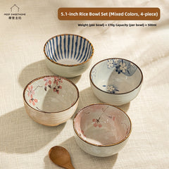 Hand-Painted Japanese Style Rice Bowls Set – 5.1 Inch Microwave & Dishwasher Safe Ceramic Tableware, Eco-Friendly Underglaze Floral Design (Blue Sakura, Falling Blossoms, Mini Cherry, Ten Grass)