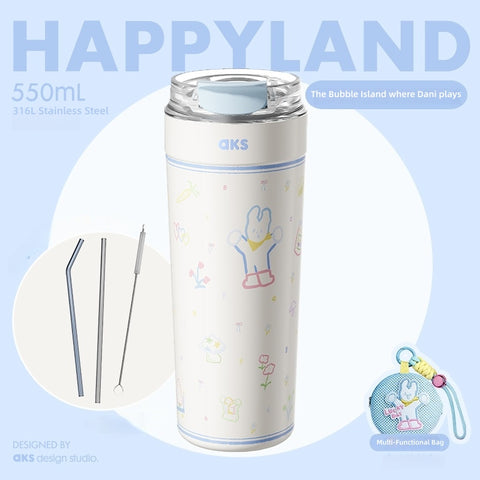 AKS DAWAN LULU & MORA Insulated Tumbler with Pouch Set - 480ml & 550ml, 316L Stainless Steel, Cute Aesthetic Travel Cup, Hot & Cold Flask, Official Illustrator IP Gift
