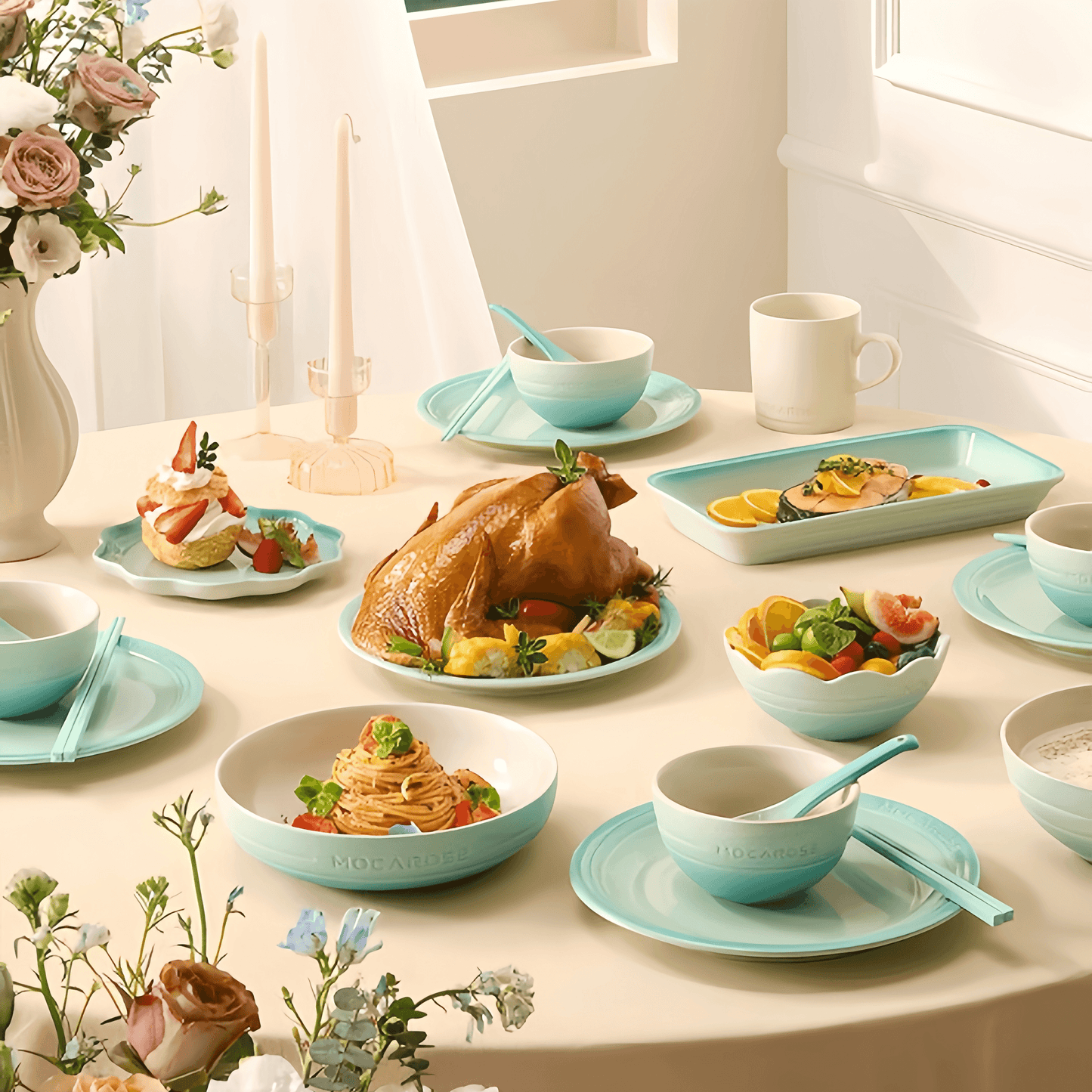 Mocarose elegant tableware set on dining table