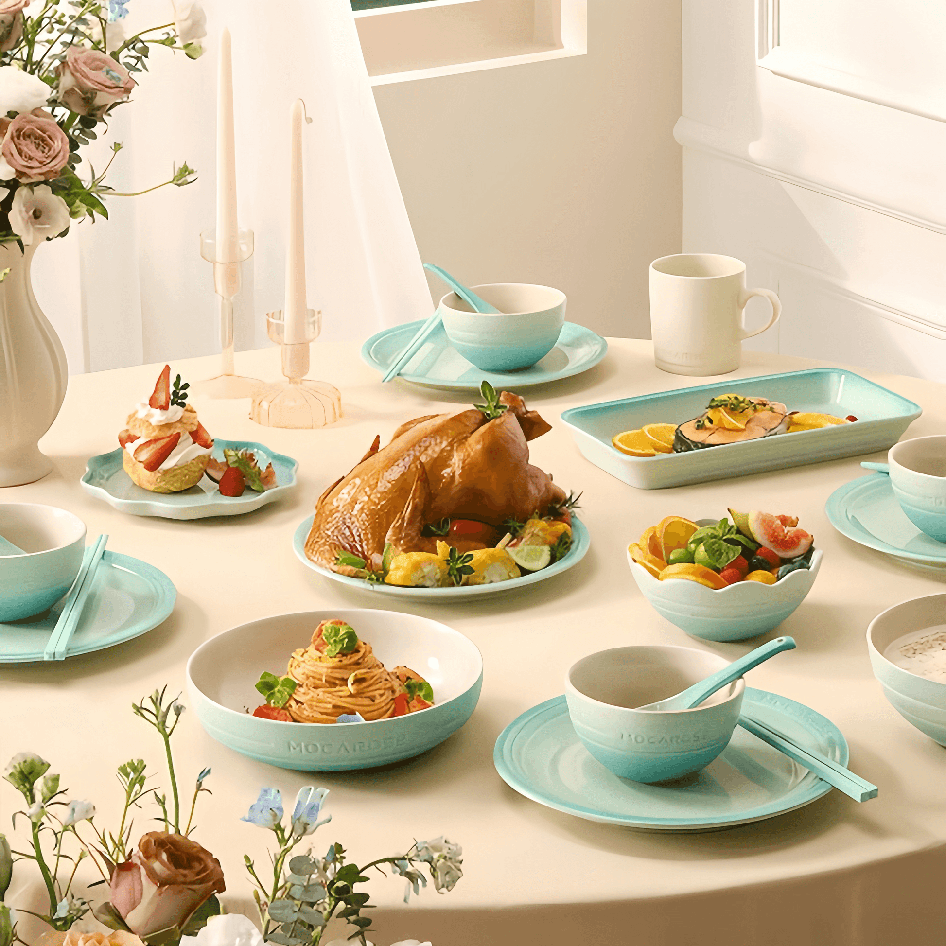 Mocarose elegant tableware set on dining table