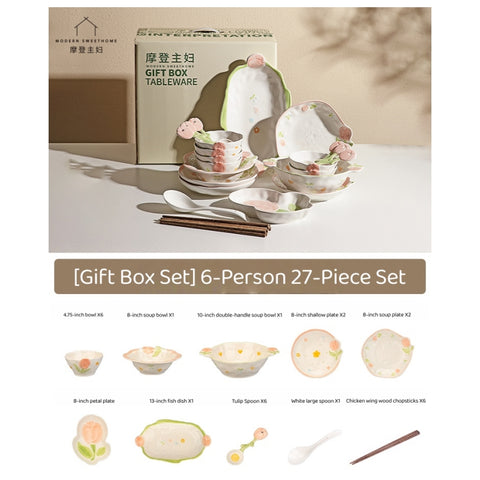 MODERN SWEET HOME Tulip Blossom Ceramic Dinnerware Set with Hand-Painted Underglaze Design, Microwave Safe for Everyday Use