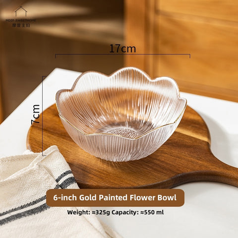 Artisan Gold-Trimmed Sodium Calcium Glass Bowls & Plates - Handcrafted Flower Language Series with Glacial Texture