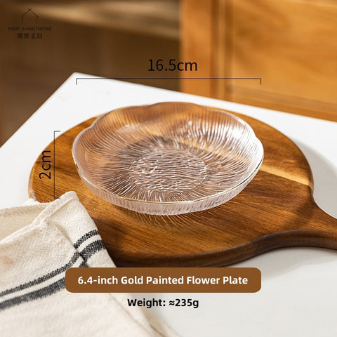 Artisan Gold-Trimmed Sodium Calcium Glass Bowls & Plates - Handcrafted Flower Language Series with Glacial Texture
