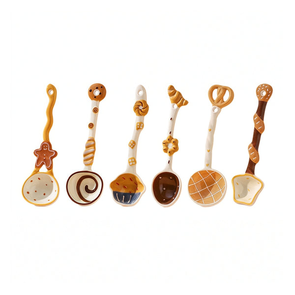 Hand-Painted Ceramic Soup Spoons Set – Cute Bakery Series Long Handle Dessert Spoons with 3D Gingerbread, Croissant & Muffin Designs