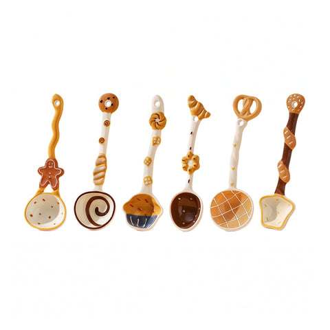 Hand-Painted Ceramic Soup Spoons Set – Cute Bakery Series Long Handle Dessert Spoons with 3D Gingerbread, Croissant & Muffin Designs