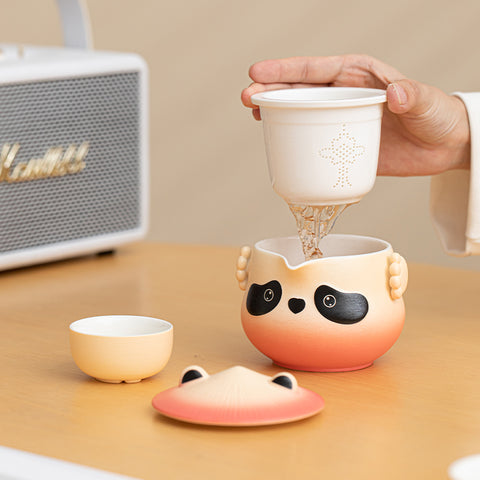 BEIXIA Kung Fu Panda Travel Tea Set with 3D Cat Paw Relief and Bamboo Lid Design