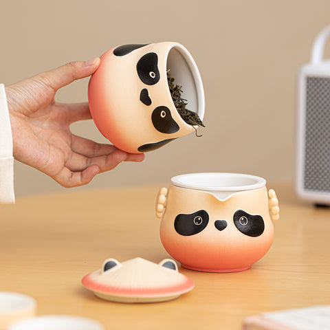 Bei Xia Panda Teapot and Bear Paw Cups Set on Bamboo Tea Tray