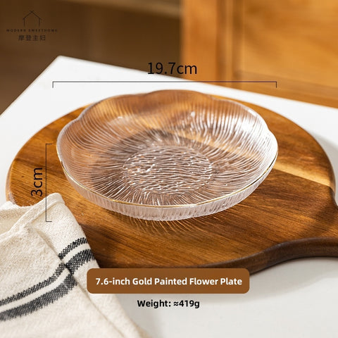 Artisan Gold-Trimmed Sodium Calcium Glass Bowls & Plates - Handcrafted Flower Language Series with Glacial Texture