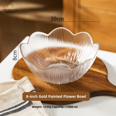Artisan Gold-Trimmed Sodium Calcium Glass Bowls & Plates - Handcrafted Flower Language Series with Glacial Texture