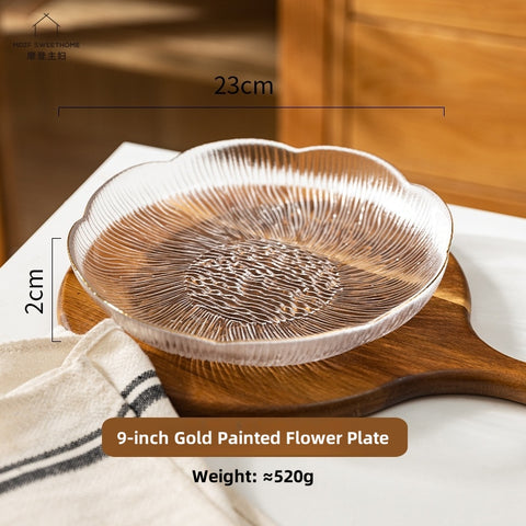 Artisan Gold-Trimmed Sodium Calcium Glass Bowls & Plates - Handcrafted Flower Language Series with Glacial Texture