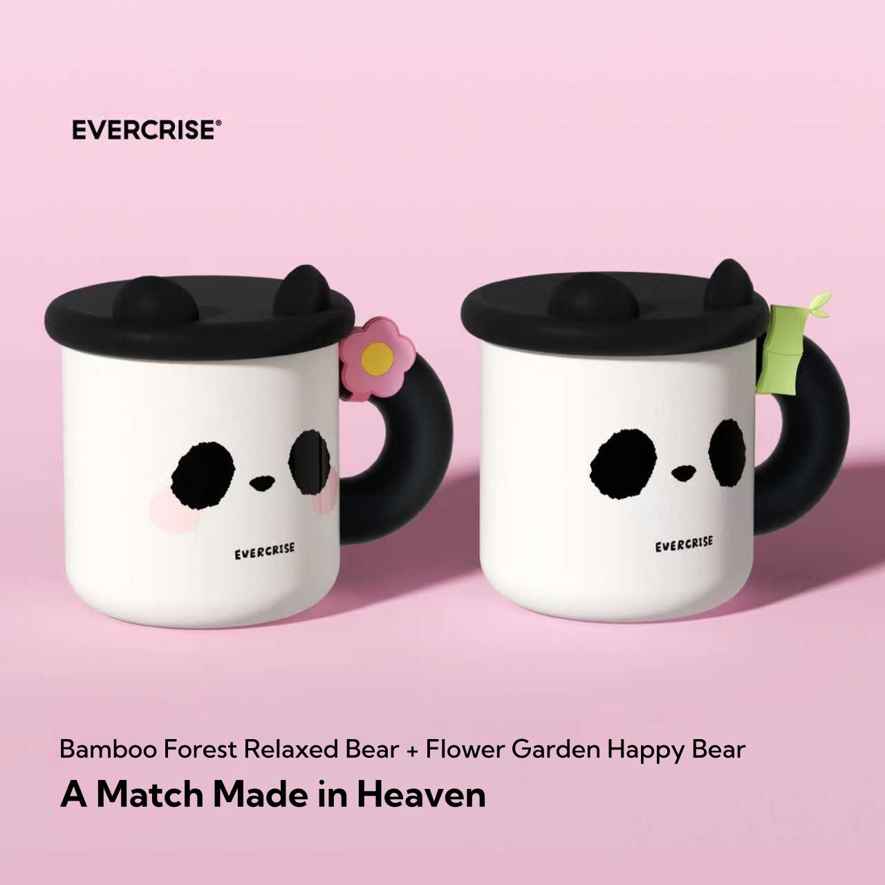 Evercrise Panda Cup Pair - 500ml Insulated Cute Animal Tumbler with Lid, Stainless Steel Emotional Wellness Gift for Couples, Office & Home