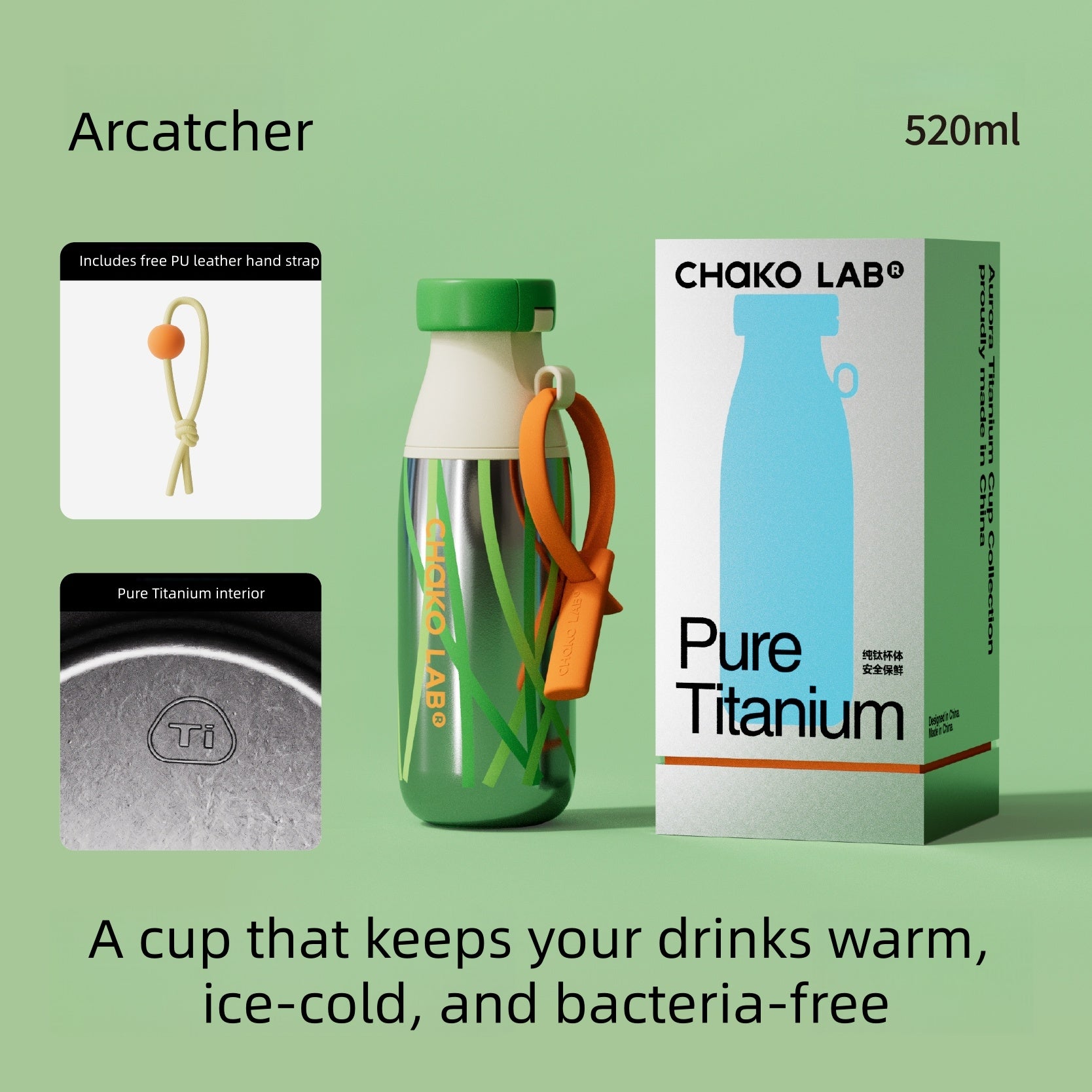 Chako Lab MilkMate Pure Titanium Water Bottle 520ml - Dual Lid (Flip & Straw), Lightweight Insulated Flask, BPA-Free, Gift for Coffee & Tea Lovers