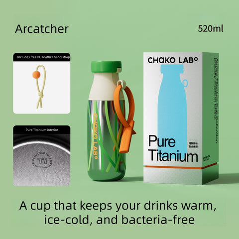 Chako Lab MilkMate Pure Titanium Water Bottle 520ml - Dual Lid (Flip & Straw), Lightweight Insulated Flask, BPA-Free, Gift for Coffee & Tea Lovers