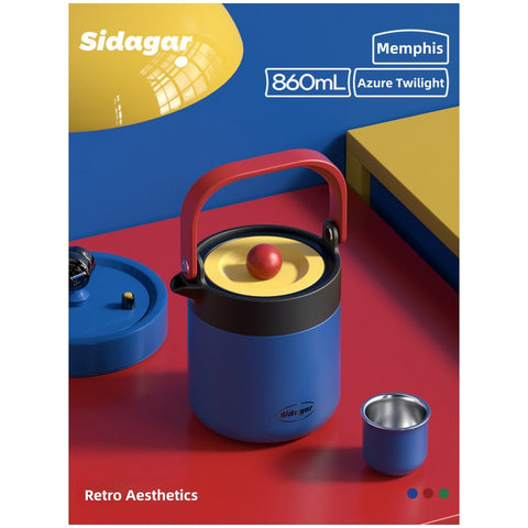 Sidagar Memphis Collection 860ml Stainless Steel Teapot | S31603 Insulated Travel Tea Flask with Infuser | Double-Wall Vacuum Thermo Tea Set for Home, Office & Outdoor | Gorgeous Retro Colors