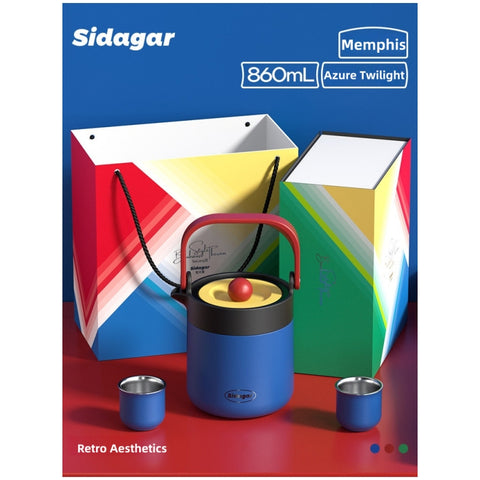 Sidagar Memphis Collection 860ml Stainless Steel Teapot | S31603 Insulated Travel Tea Flask with Infuser | Double-Wall Vacuum Thermo Tea Set for Home, Office & Outdoor | Gorgeous Retro Colors