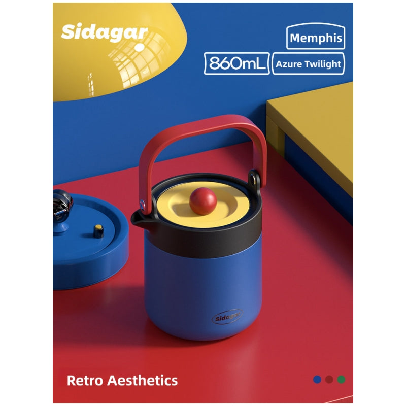 Sidagar Memphis Collection 860ml Stainless Steel Teapot | S31603 Insulated Travel Tea Flask with Infuser | Double-Wall Vacuum Thermo Tea Set for Home, Office & Outdoor | Gorgeous Retro Colors