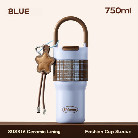 Sidagar COCO Insulated Stainless Steel Tumbler with Fashion Tweed Sleeve, 750ml, Leakproof, Dual Drink Lids, Car Cup Holder Friendly, SUS316 Ceramic Coated