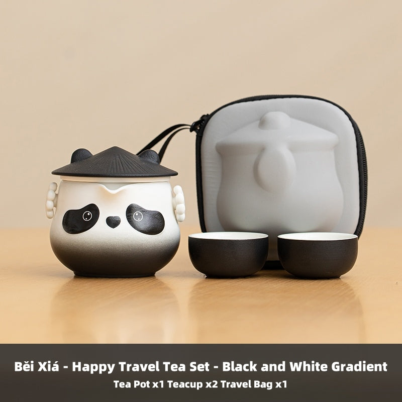 BEIXIA Kung Fu Panda Travel Tea Set - Portable Ceramic Tea Set with 3-in-1 Design, Compact & Lead-Free (260ml Pot, 2 Cups, Gift-Ready)