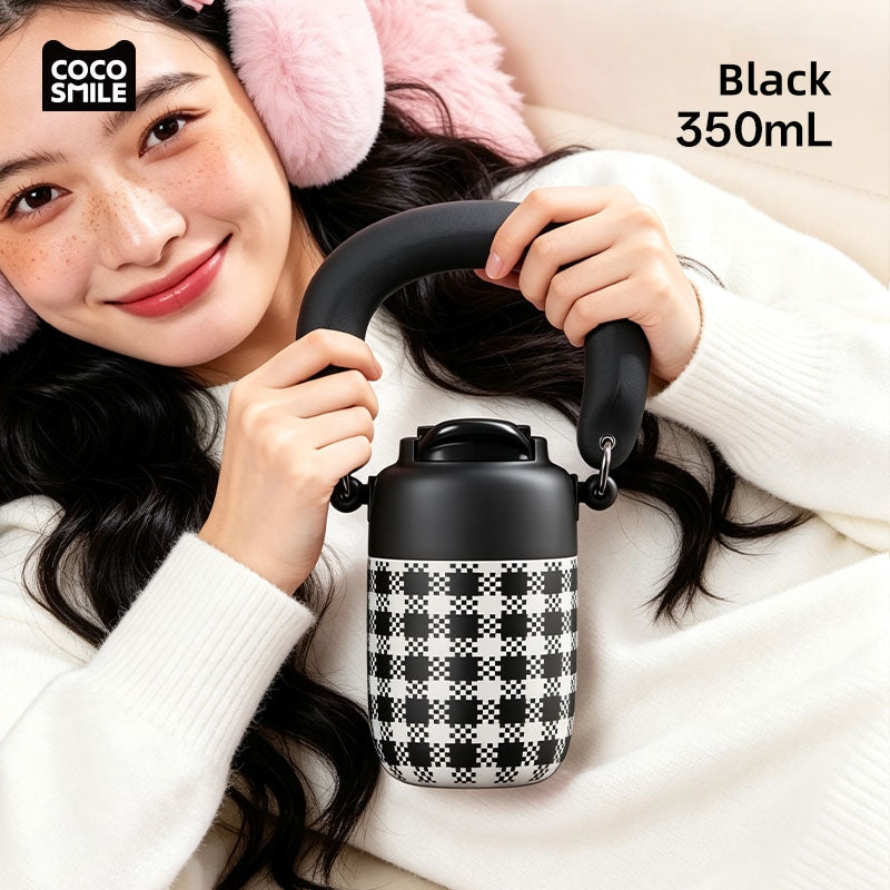 Coco Smile 350ml Insulated Tumbler with Handle – 316 Stainless Steel Cloud Mini Coffee Mug with Straw, Leak-Proof Fashion Drinkware for OOTD, Office & Camping (Pink/Black)