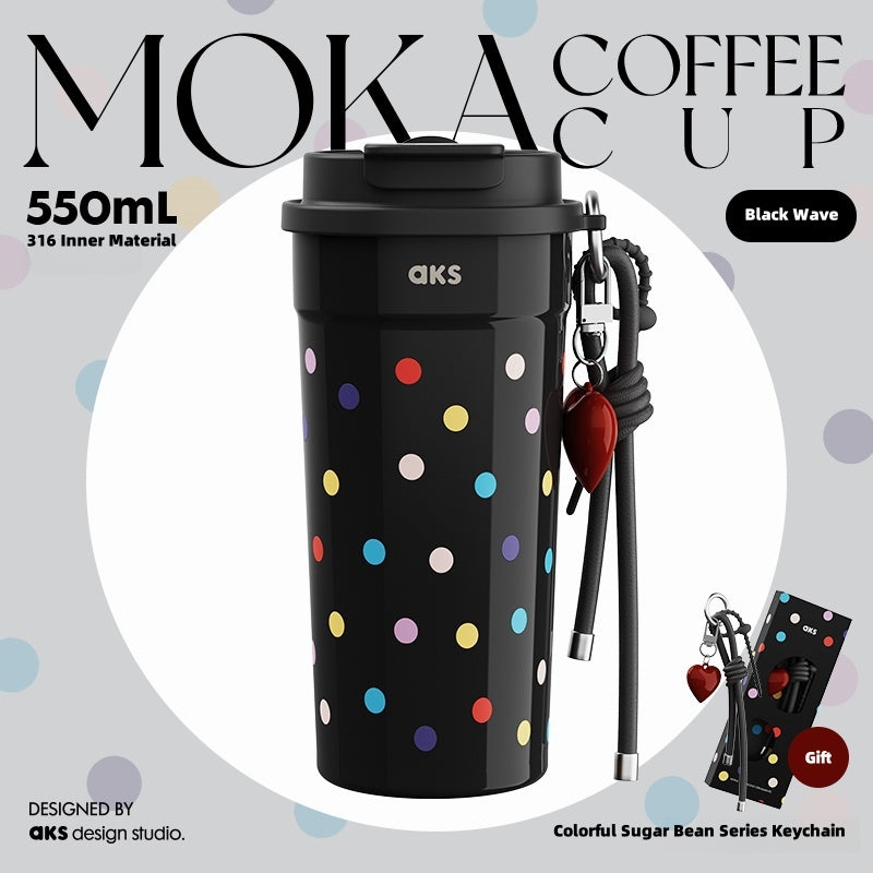 AKS MOKA Double Lid Coffee Tumbler 550ml - 316 Stainless Steel, 24H Insulated, Leak-Proof, DIY Strap (Frosted Sugar/Cosmic Pop)