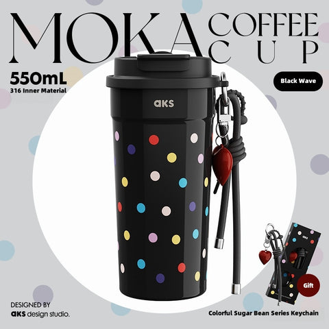 AKS MOKA Double Lid Coffee Tumbler 550ml - 316 Stainless Steel, 24H Insulated, Leak-Proof, DIY Strap (Frosted Sugar/Cosmic Pop)