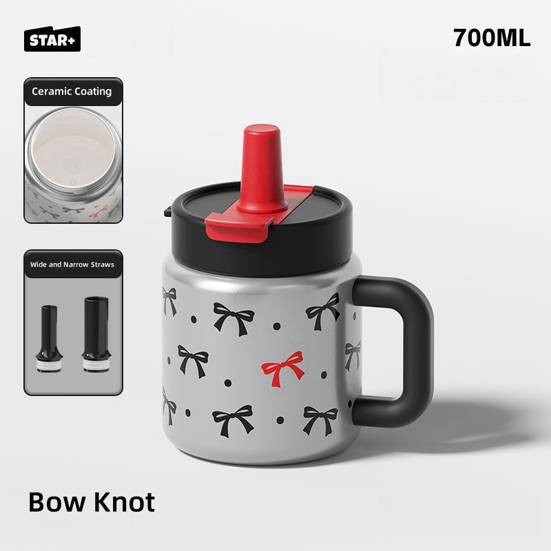 STAR+ Vacuum Insulated Stainless Steel Mug – 700ML Desk Cup with Leak-Proof Lid, Cute Print Design, Dual Drinking Modes