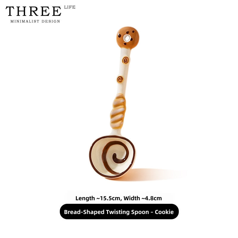 Hand-Painted Ceramic Soup Spoons Set – Cute Bakery Series Long Handle Dessert Spoons with 3D Gingerbread, Croissant & Muffin Designs – Underglaze Coffee & Cereal Spoons