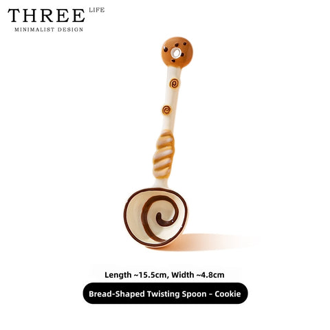 Hand-Painted Ceramic Soup Spoons Set – Cute Bakery Series Long Handle Dessert Spoons with 3D Gingerbread, Croissant & Muffin Designs – Underglaze Coffee & Cereal Spoons
