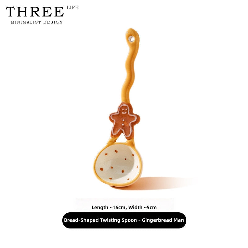 Hand-Painted Ceramic Soup Spoons Set – Cute Bakery Series Long Handle Dessert Spoons with 3D Gingerbread, Croissant & Muffin Designs – Underglaze Coffee & Cereal Spoons