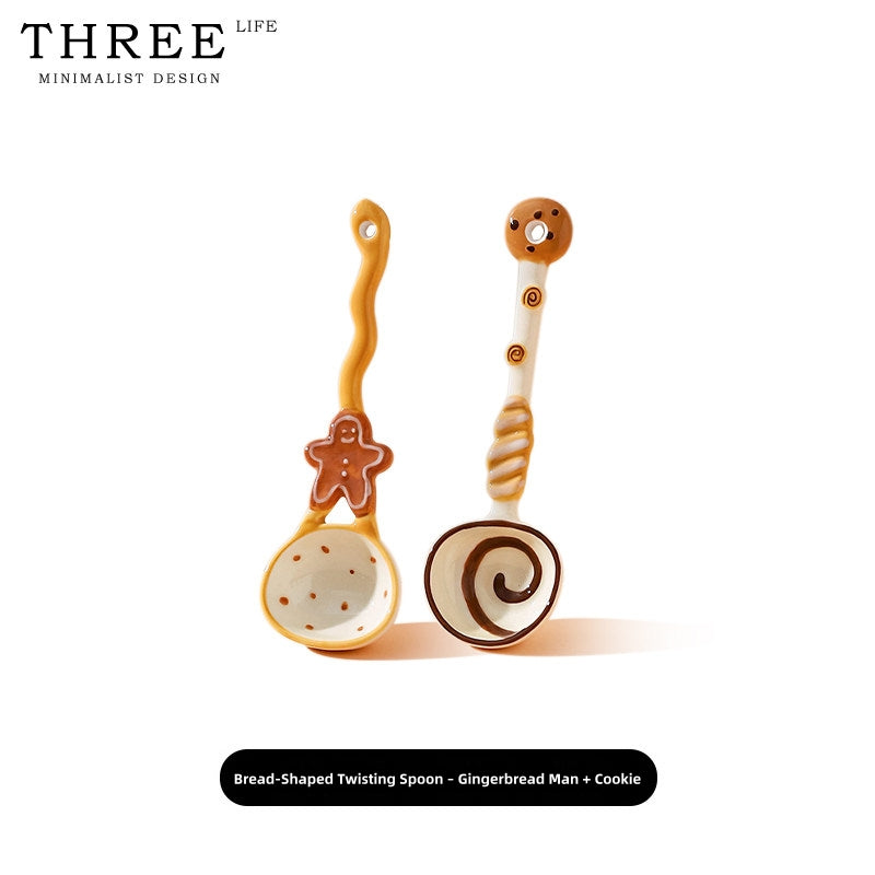 Hand-Painted Ceramic Soup Spoons Set – Cute Bakery Series Long Handle Dessert Spoons with 3D Gingerbread, Croissant & Muffin Designs – Underglaze Coffee & Cereal Spoons