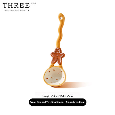 Hand-Painted Ceramic Soup Spoons Set – Cute Bakery Series Long Handle Dessert Spoons with 3D Gingerbread, Croissant & Muffin Designs – Underglaze Coffee & Cereal Spoons