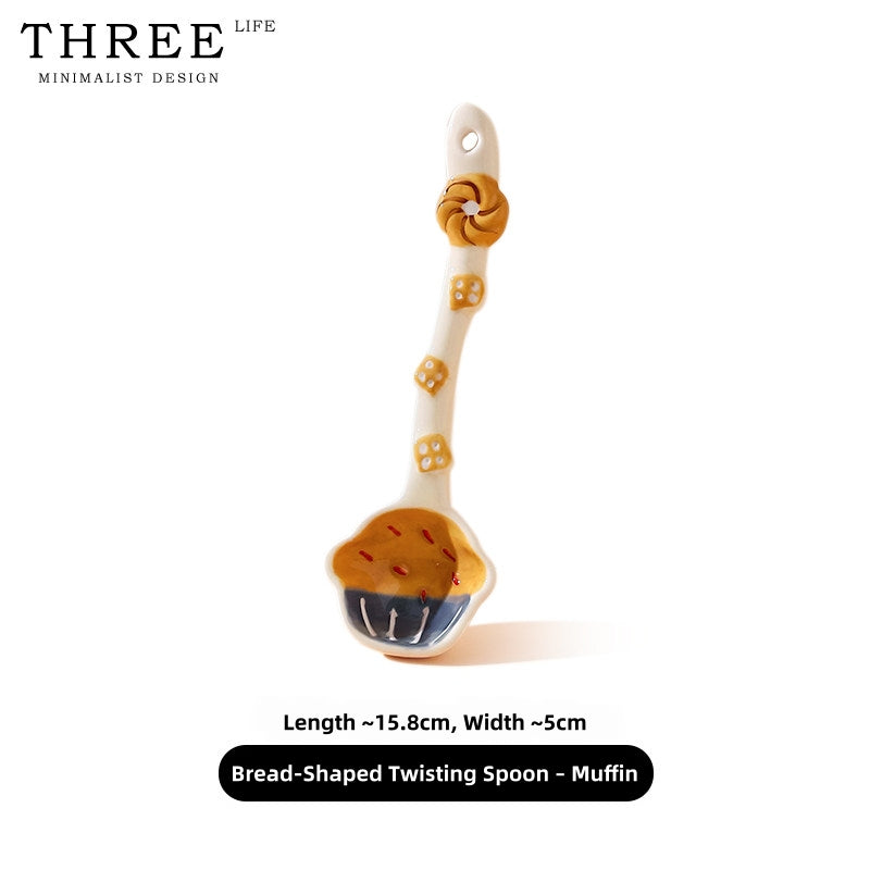 Hand-Painted Ceramic Soup Spoons Set – Cute Bakery Series Long Handle Dessert Spoons with 3D Gingerbread, Croissant & Muffin Designs – Underglaze Coffee & Cereal Spoons