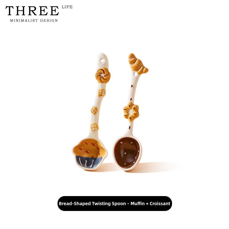 Hand-Painted Ceramic Soup Spoons Set – Cute Bakery Series Long Handle Dessert Spoons with 3D Gingerbread, Croissant & Muffin Designs – Underglaze Coffee & Cereal Spoons