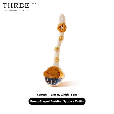 Hand-Painted Ceramic Soup Spoons Set – Cute Bakery Series Long Handle Dessert Spoons with 3D Gingerbread, Croissant & Muffin Designs – Underglaze Coffee & Cereal Spoons