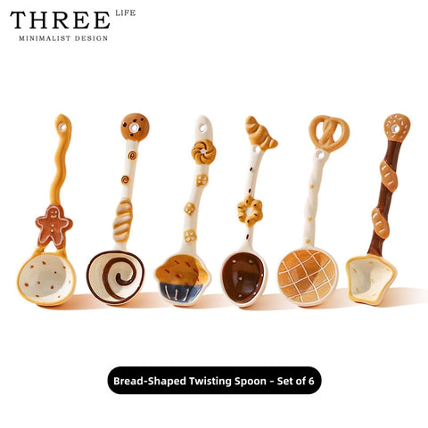 Hand-Painted Ceramic Soup Spoons Set – Cute Bakery Series Long Handle Dessert Spoons with 3D Gingerbread, Croissant & Muffin Designs – Underglaze Coffee & Cereal Spoons