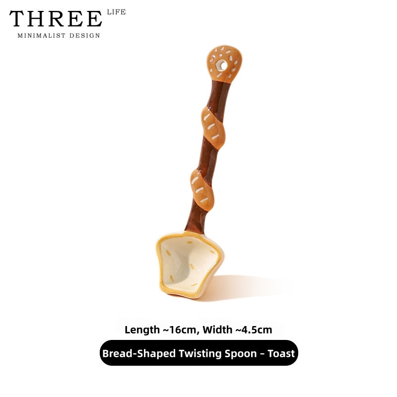 Hand-Painted Ceramic Soup Spoons Set – Cute Bakery Series Long Handle Dessert Spoons with 3D Gingerbread, Croissant & Muffin Designs – Underglaze Coffee & Cereal Spoons