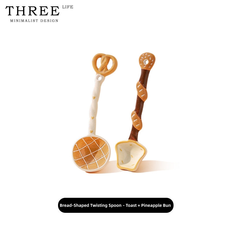 Hand-Painted Ceramic Soup Spoons Set – Cute Bakery Series Long Handle Dessert Spoons with 3D Gingerbread, Croissant & Muffin Designs – Underglaze Coffee & Cereal Spoons
