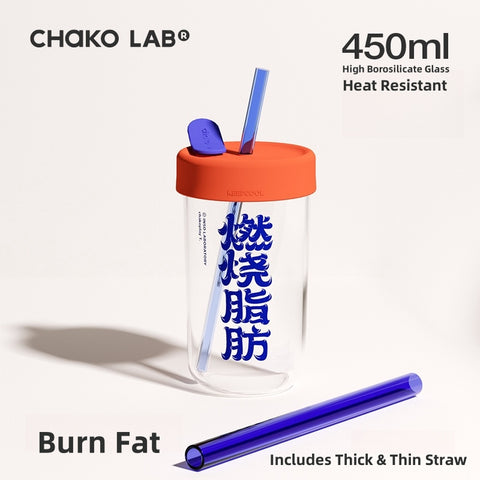 Chako Lab Trendy 450ml Glass Bottle with Dual Straws | Hygienic, Leak-Proof, and Stylish Design