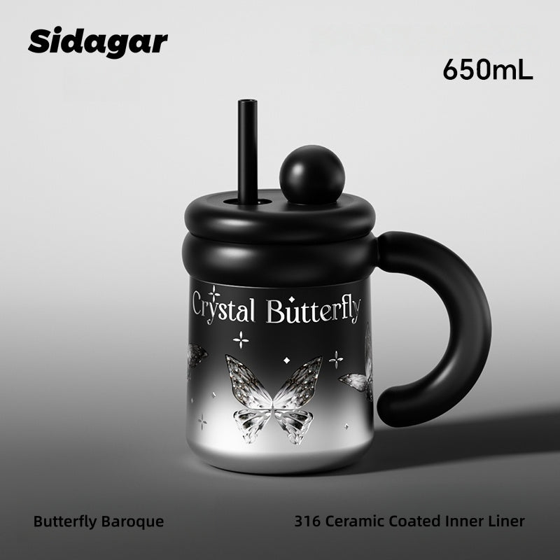 Sidagar Nova Insulated Stainless Steel Water Bottle with Ceramic Coating, 3 Drinking Modes (Straw/Sip/Share), 620ml, Leakproof & Portable Handle – Crystal Butterfly Design