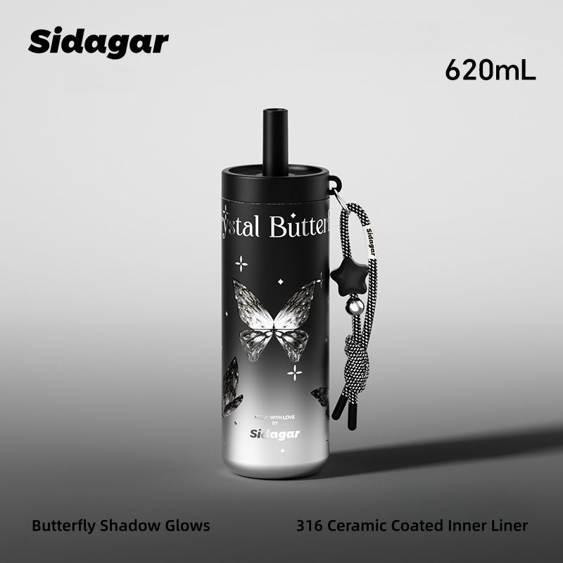 Sidagar Nova Insulated Stainless Steel Water Bottle with Ceramic Coating, 3 Drinking Modes (Straw/Sip/Share), 620ml, Leakproof & Portable Handle – Crystal Butterfly Design
