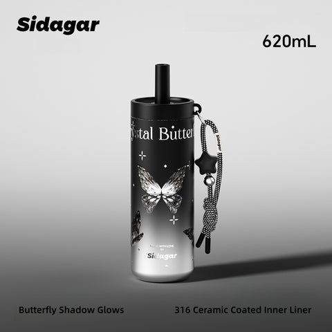 Sidagar Nova Insulated Stainless Steel Water Bottle with Ceramic Coating, 3 Drinking Modes (Straw/Sip/Share), 620ml, Leakproof & Portable Handle – Crystal Butterfly Design