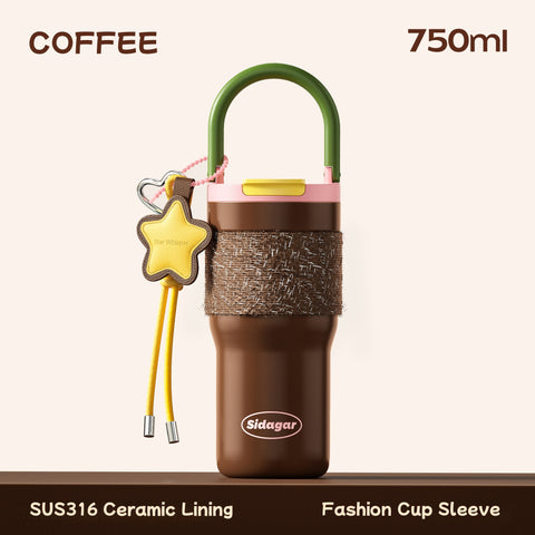 Sidagar COCO Insulated Stainless Steel Tumbler with Fashion Tweed Sleeve, 750ml, Leakproof, Dual Drink Lids, Car Cup Holder Friendly, SUS316 Ceramic Coated