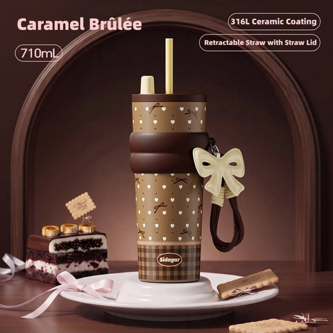 Sidagar Caramel Dessert Collection — Coquette Ceramic-Lined Insulated Tumbler with Handle & Straw | 316L Stainless Steel Travel Mug | Cute Aesthetic Water Bottle for Hot & Cold Drinks