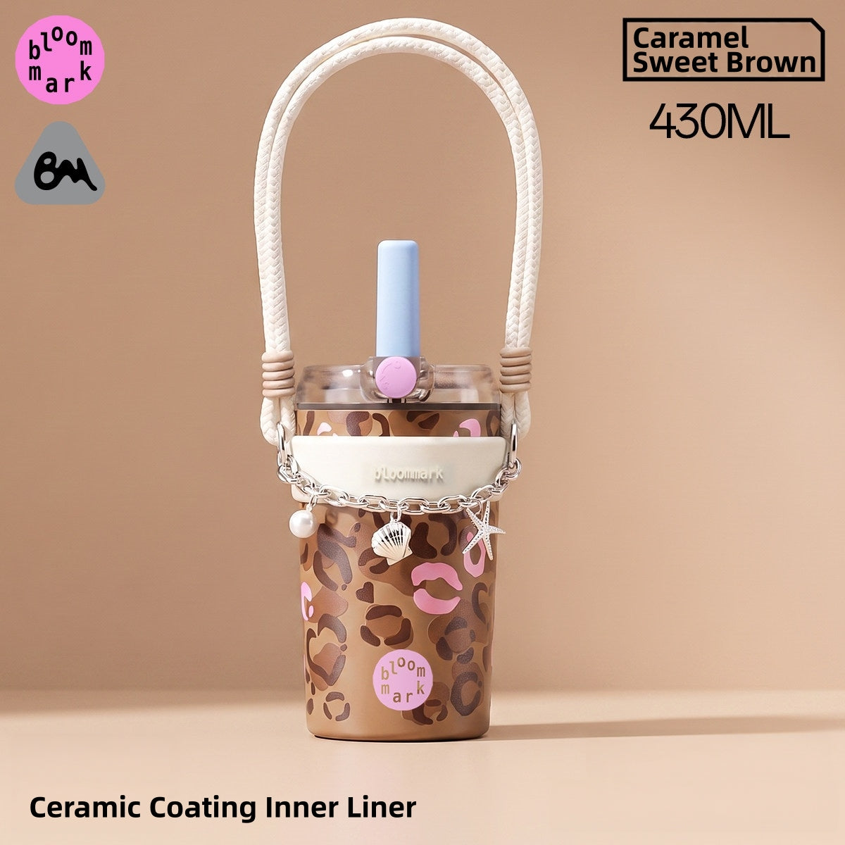BLOOMMARK Leopard Print Insulated Tumbler with Straw – 660ml/430ml Ceramic-Lined Stainless Steel Travel Cup – 8H Cold & 6H Hot Retention, Leak-Proof Finger-Lock Lid, Braided Carry Strap, Fits Car Cup Holders
