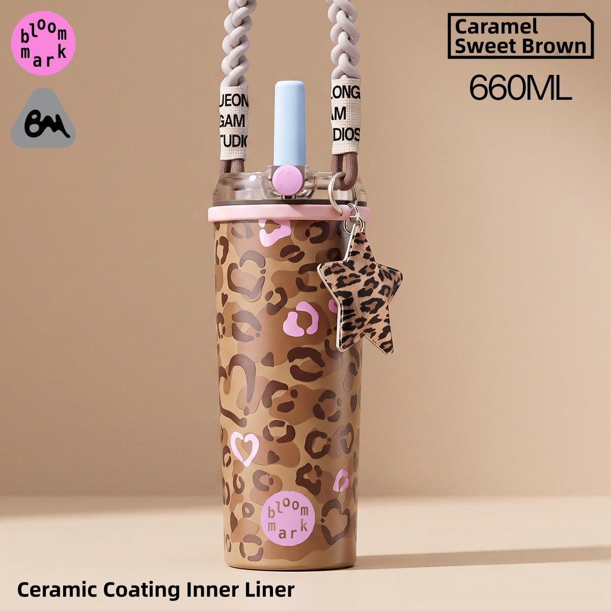 BLOOMMARK Leopard Print Insulated Tumbler with Straw – 660ml/430ml Ceramic-Lined Stainless Steel Travel Cup – 8H Cold & 6H Hot Retention, Leak-Proof Finger-Lock Lid, Braided Carry Strap, Fits Car Cup Holders