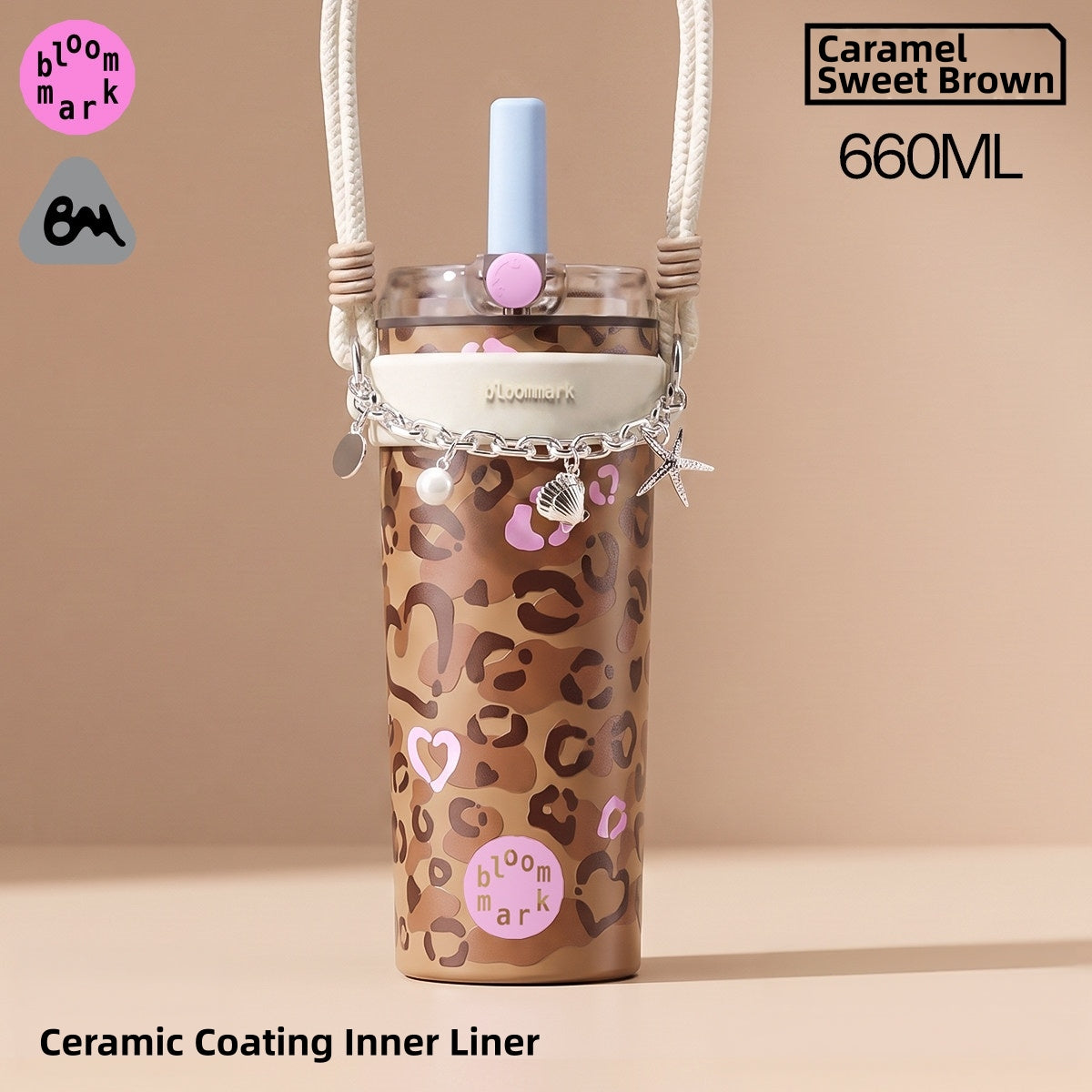 BLOOMMARK Leopard Print Insulated Tumbler with Straw – 660ml/430ml Ceramic-Lined Stainless Steel Travel Cup – 8H Cold & 6H Hot Retention, Leak-Proof Finger-Lock Lid, Braided Carry Strap, Fits Car Cup Holders