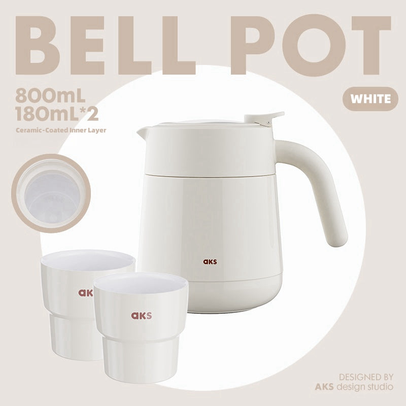 AKS 800ml Bell Pot - Multi-Use Insulated Flask for Coffee, Tea & Cold Brew with Stainless Steel Filter and Ceramic Coating, IV-Class Thermal Carafe with Handle & Sharing Cups